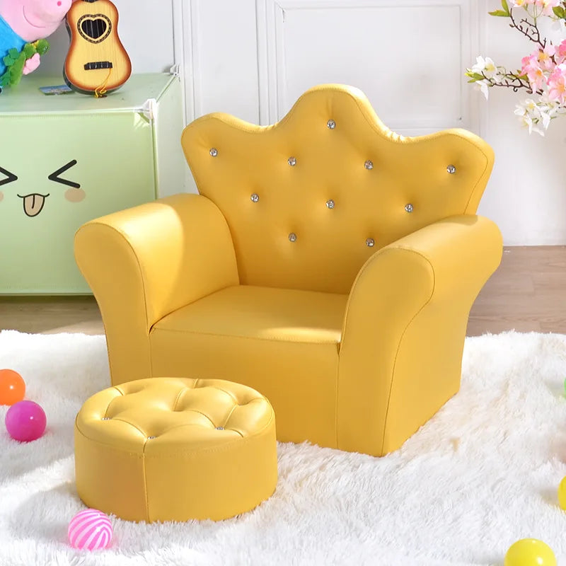 Kids Crown Armchair & Footstool - Korean Style Children's Sofa, Solid Wood Frame, 58 x 40.5 x 48 cm (22.8 x 15.9 x 18.9 in)