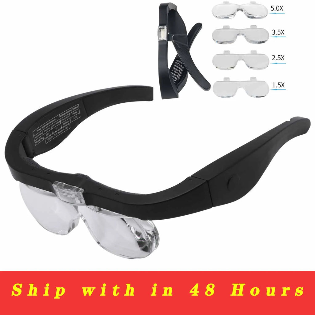 Headband Magnifying Glasses 1.5x–5x USB Rechargeable LED with 4 Interchangeable Lenses for Reading, Jewelry & Watch Repair