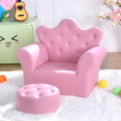Kids Crown Armchair & Footstool - Korean Style Children's Sofa, Solid Wood Frame, 58 x 40.5 x 48 cm (22.8 x 15.9 x 18.9 in)