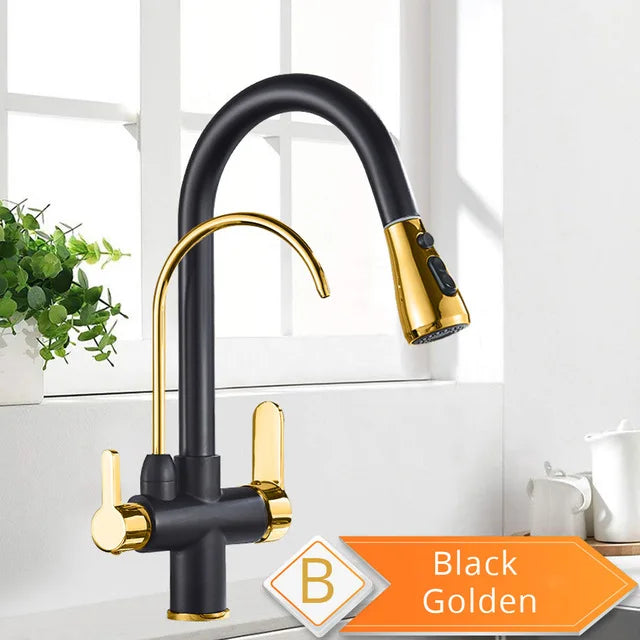 Black 360° Rotating Kitchen Faucet with Pull-Out Sprayer – 3-Way Filtered Hot & Cold Mixer Tap