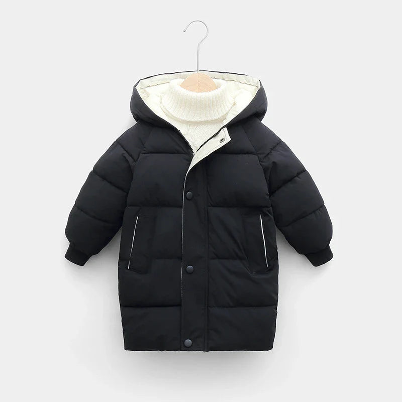 Kids Hooded Long Down Parka Coat - Warm Zippered Winter Jacket for Boys & Girls