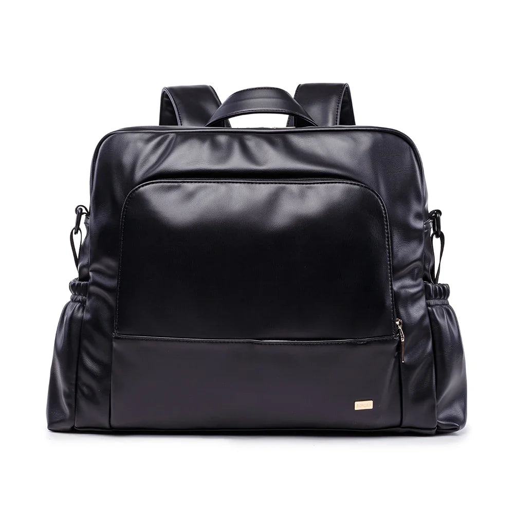 Waterproof Black Leather Diaper Bag Backpack – 24L Large Capacity Nursing Changing Bag with Zipper & Stroller Straps