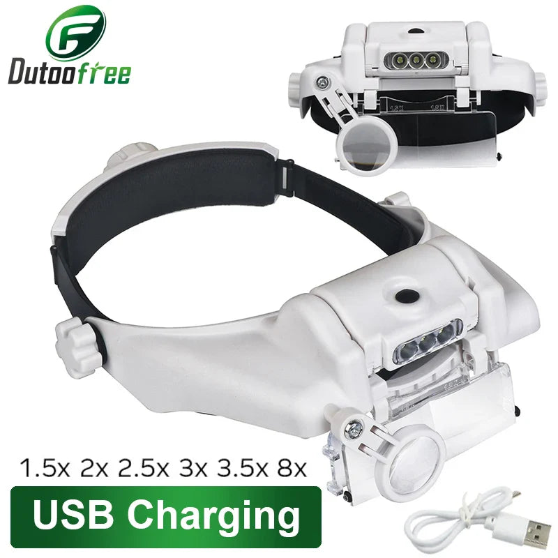 USB Rechargeable LED Headband Magnifier Glasses Loupe for Watchmaker & Jewelry Repair 1.5x-8x (Stackable to 15x)