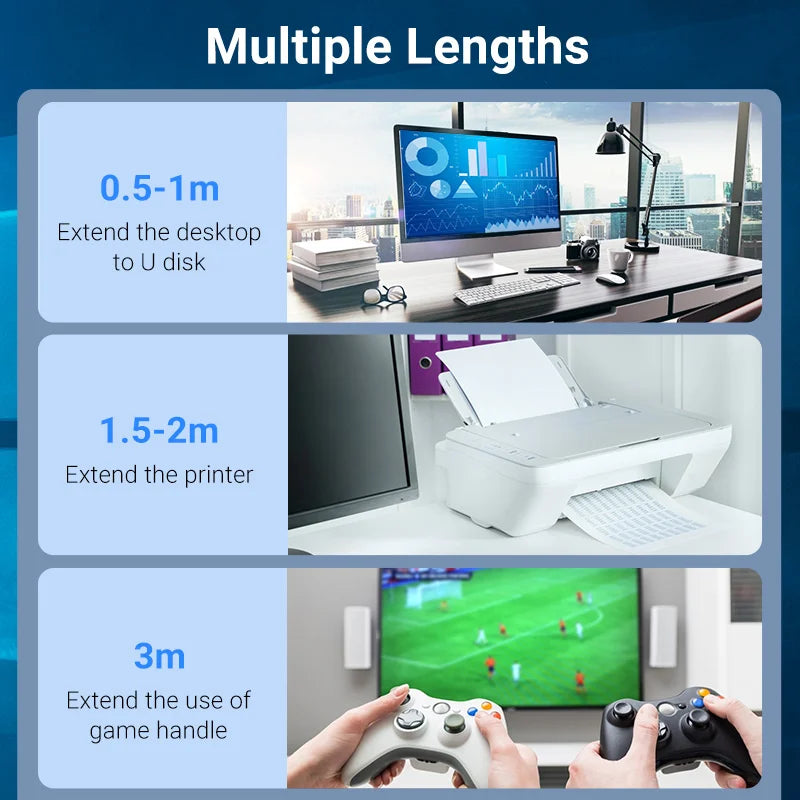 USB 3.0 Extension Cable Male to Female, High-Speed 5Gbps, 0.5/1/1.5/2/3 m (1.6–9.8 ft) for PC TV Xbox Printer, USB 2.0 Compatible