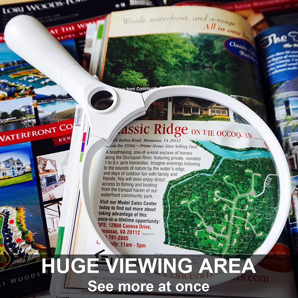 Extra Large LED Handheld Magnifier 5.5 in (138 mm) 2X/4X/10X Illuminated Reading & Jewelry Loupe