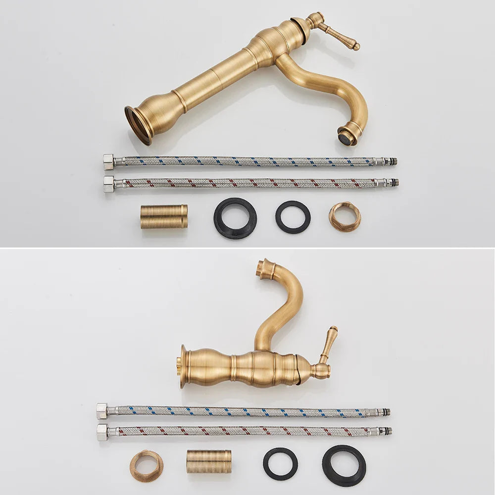 Antique Brass Vessel Sink Faucet Deck-Mounted Single-Hole Bathroom Basin Mixer Tap, Single Handle, Hot & Cold