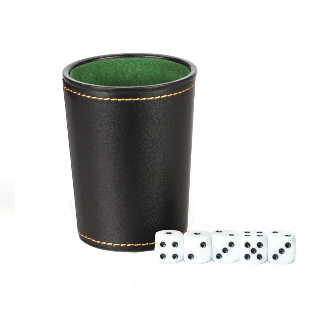 PU Leather Flannel-Lined Dice Cup Set — 1 Cup + 5 Dice (12mm / 0.47 in) for Game Night, Bar & KTV