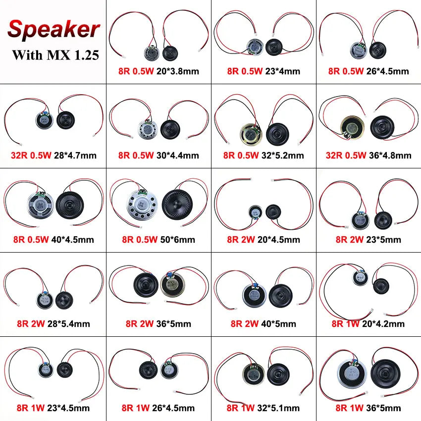 2-Pack Ultra-Thin Mini Speakers 8Ω & 32Ω | 0.5–2W | Multiple Diameters 20–50 mm (0.79–1.97 in) | MX/XH DuPont 1.25/2.54mm Terminal