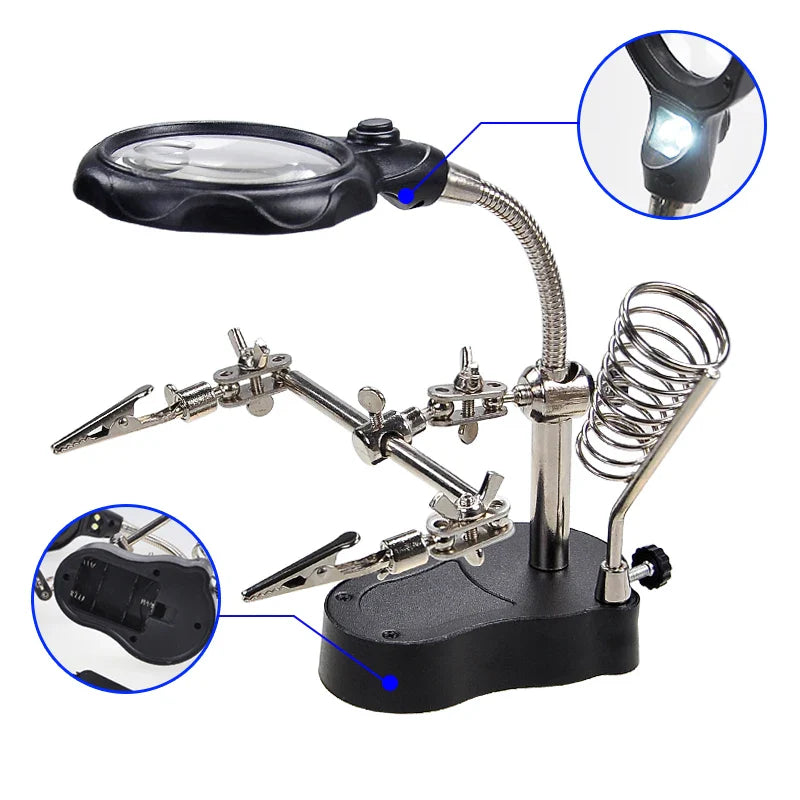 Adjustable Third Hand Soldering Stand with LED Magnifying Glass and Clamps — Desktop Helping Hand for Electronics Repair