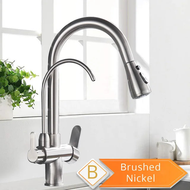 Black 3-Way Filtered Kitchen Faucet 360° Swivel Pull-Out Sprayer Hot & Cold Mixer Tap