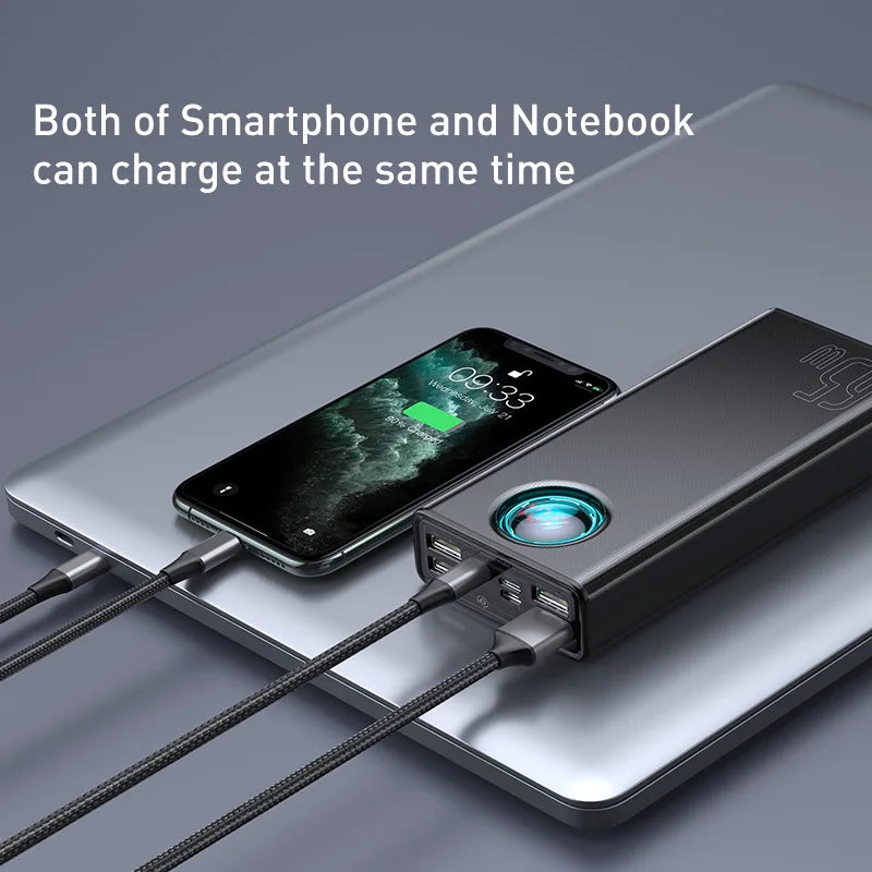 65W 30000mAh USB-C Power Bank PD Quick Charge Portable Charger with Digital Display & Built-in Cables for Smartphone and Laptop