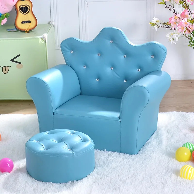 Kids Crown Armchair & Footstool - Korean Style Children's Sofa, Solid Wood Frame, 58 x 40.5 x 48 cm (22.8 x 15.9 x 18.9 in)