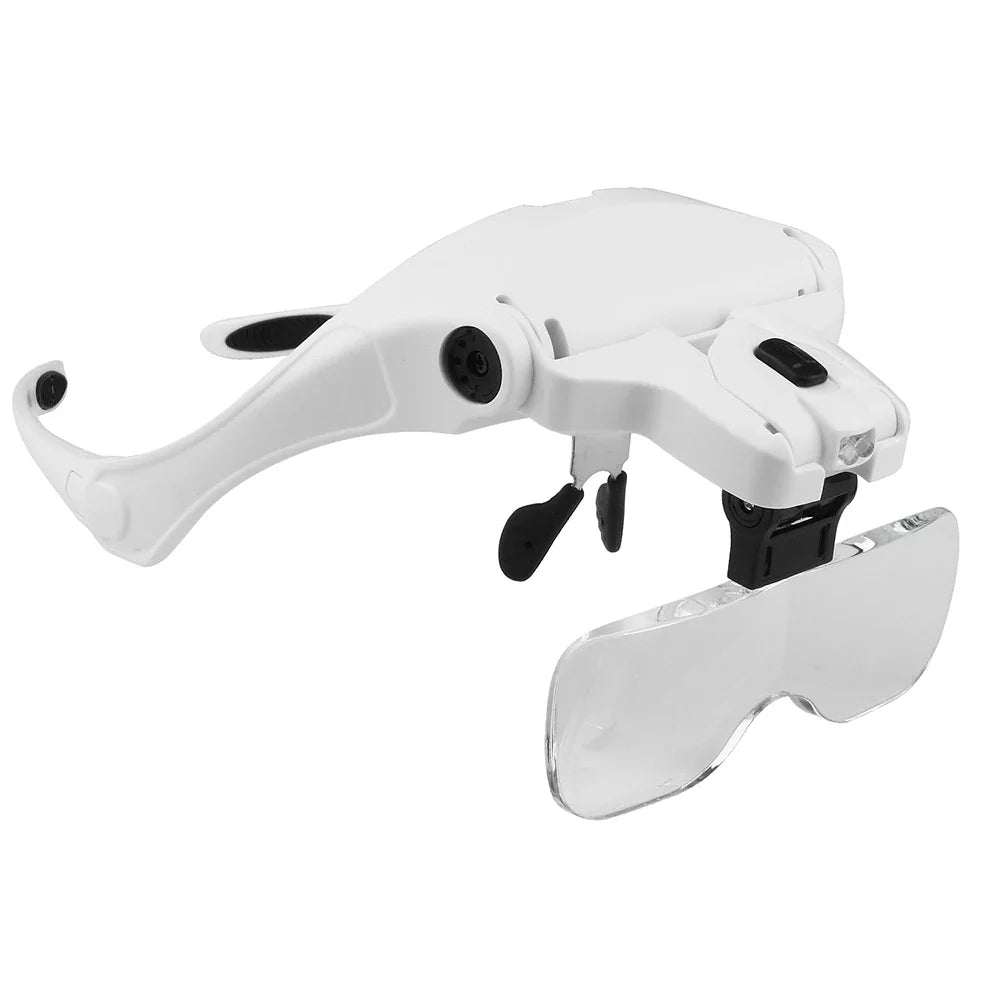 LED Headband Reading Magnifier with 5 Interchangeable Lenses (1.0x–3.5x), 2 LED Lights, Adjustable Headband & Glasses Frame