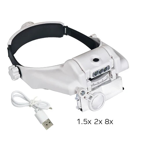 USB Rechargeable LED Headband Magnifier Glasses Loupe for Watchmaker & Jewelry Repair 1.5x-8x (Stackable to 15x)