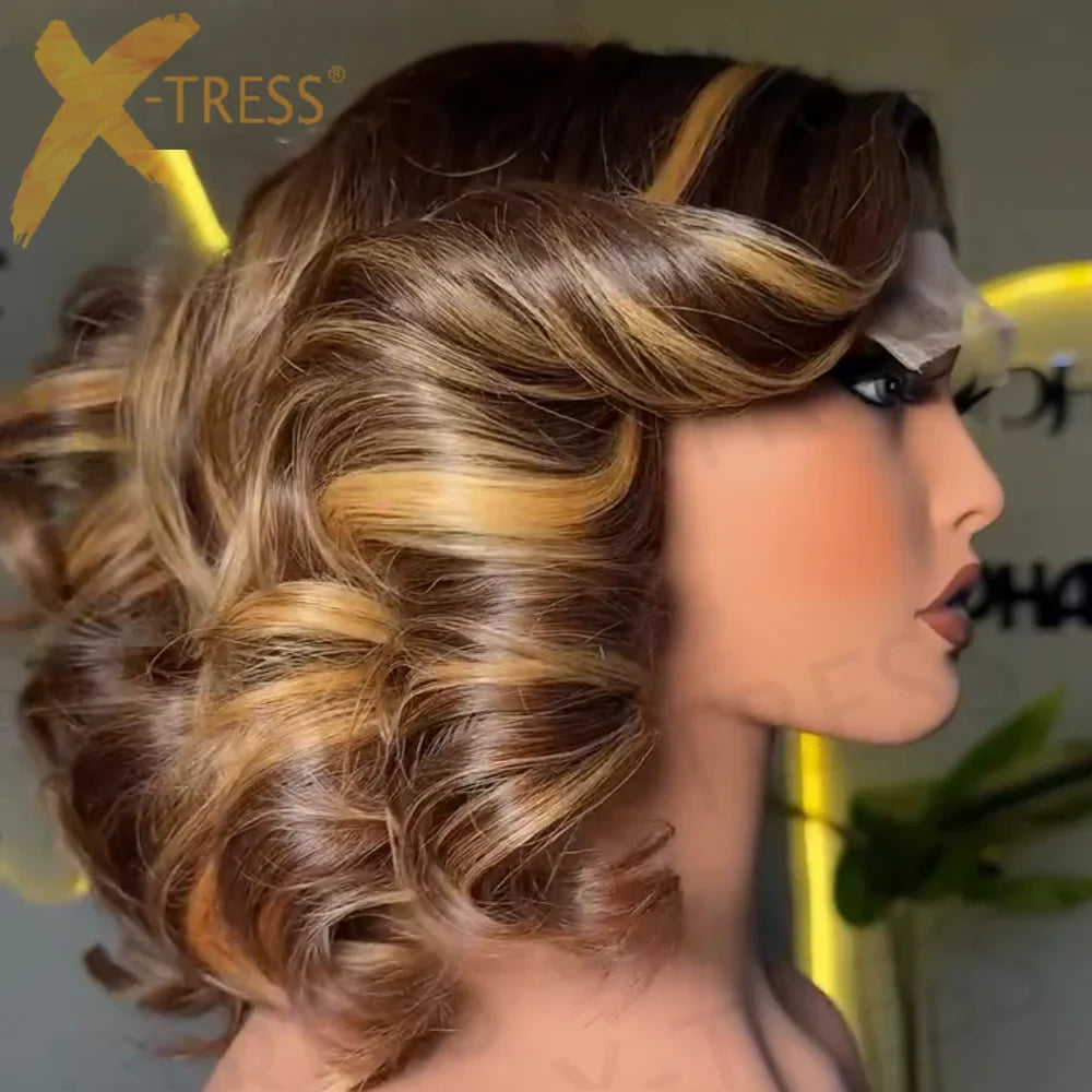 12A Honey Blonde 5*5 Lace Front 200% Remy Hair Short Highlight Rose Curly Pixie Cut Bob Highlight Human Hair Wig for Black Women