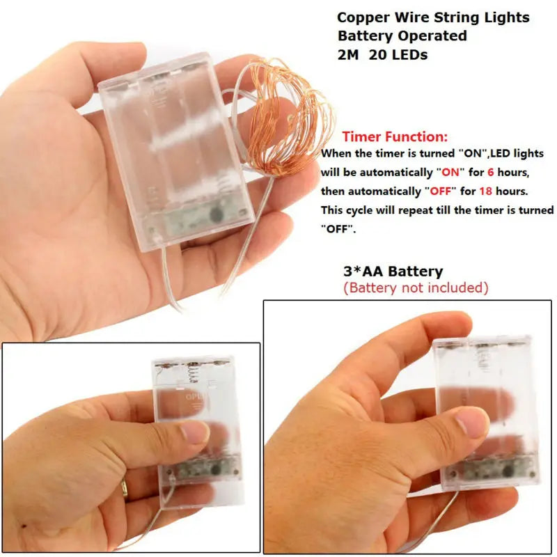 Battery Operated 2M (6.6 ft) Copper Wire Fairy String Lights - 20 LED Timer for Wedding, Christmas & Party Decor