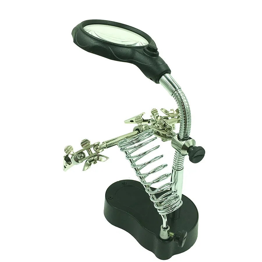 Adjustable Third Hand Soldering Stand with LED Magnifying Glass and Clamps — Desktop Helping Hand for Electronics Repair