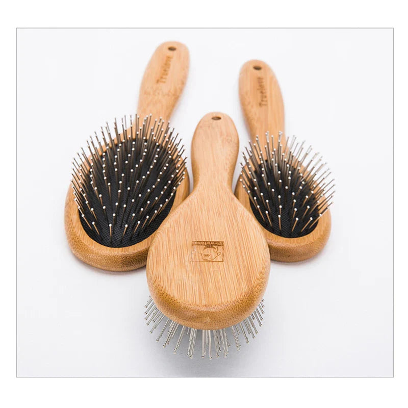 Round Pet Grooming Comb with Bamboo Handle – Stainless Steel Pin Brush for Cats & Dogs (Small/Medium/Large)