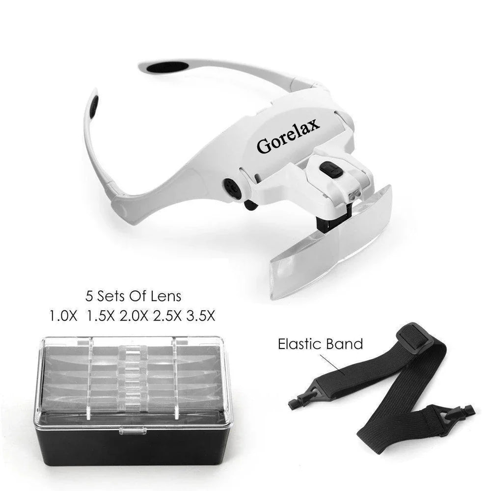 LED Headband Magnifier Glasses with 5 Interchangeable Lenses 1.0X–3.5X – Flip-Up Loupe for Jewelry Repair, Reading & Crafts