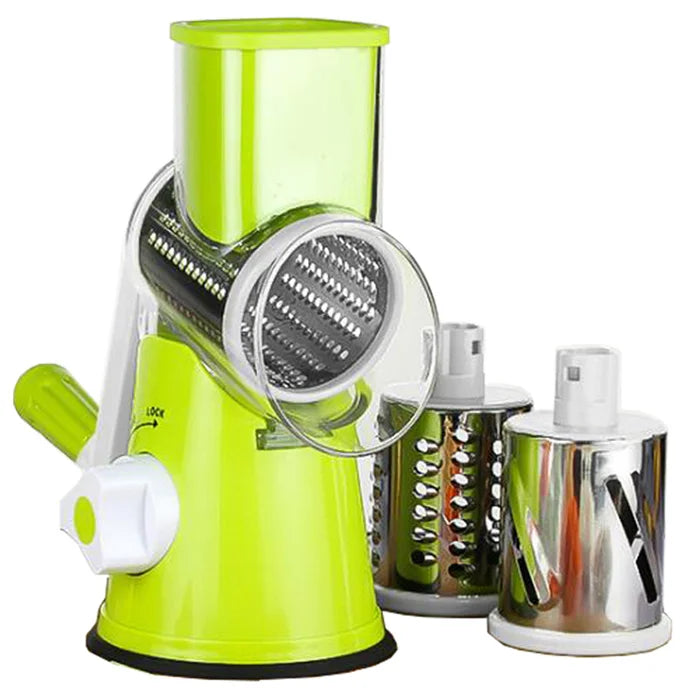 Manual Rotary Vegetable Slicer & Cheese Grater with 3 Stainless Steel Drums - Handheld Vegetable Chopper