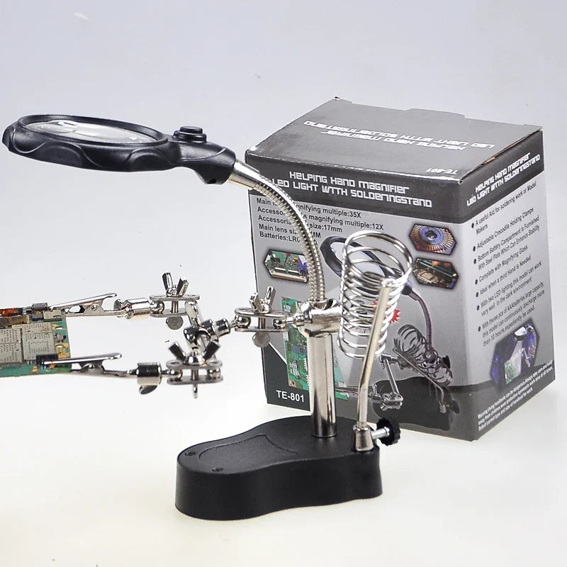 Adjustable Third Hand Soldering Stand with LED Magnifying Glass and Clamps — Desktop Helping Hand for Electronics Repair