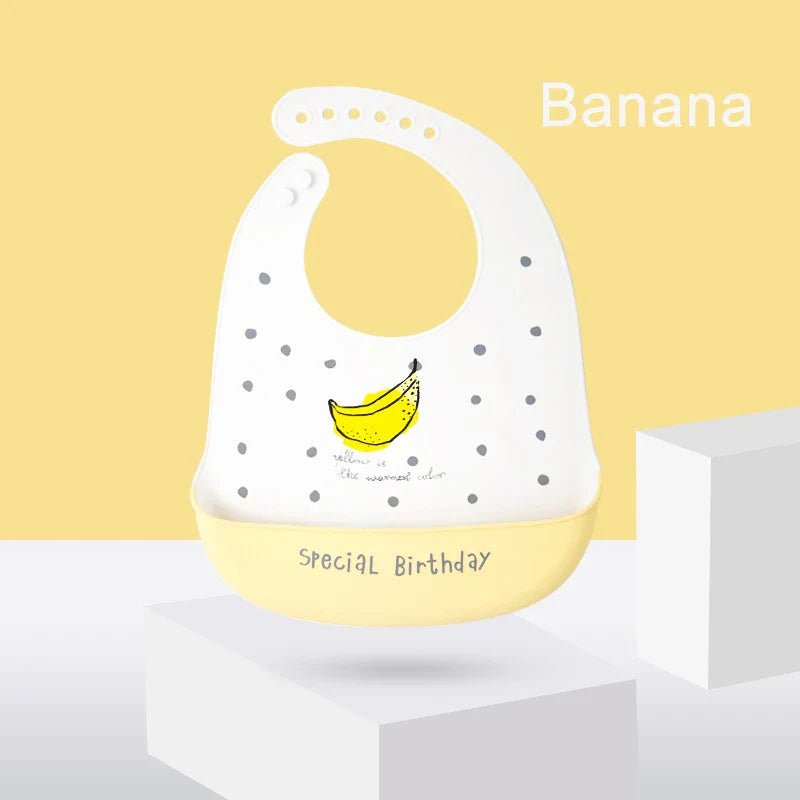Silicone Baby Bib Waterproof Adjustable Cartoon Banana Feeding Bib with Pocket BPA-Free for 1-3 Years