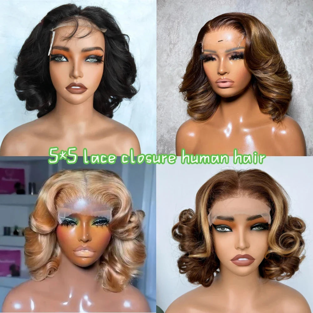 12A Honey Blonde 5*5 Lace Front 200% Remy Hair Short Highlight Rose Curly Pixie Cut Bob Highlight Human Hair Wig for Black Women