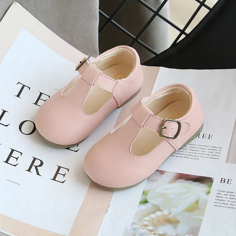 Spring and Autumn Kids T-Strap PU Leather Mary Jane Shoes Non-Slip Buckle Flats for Toddlers Girls and Boys