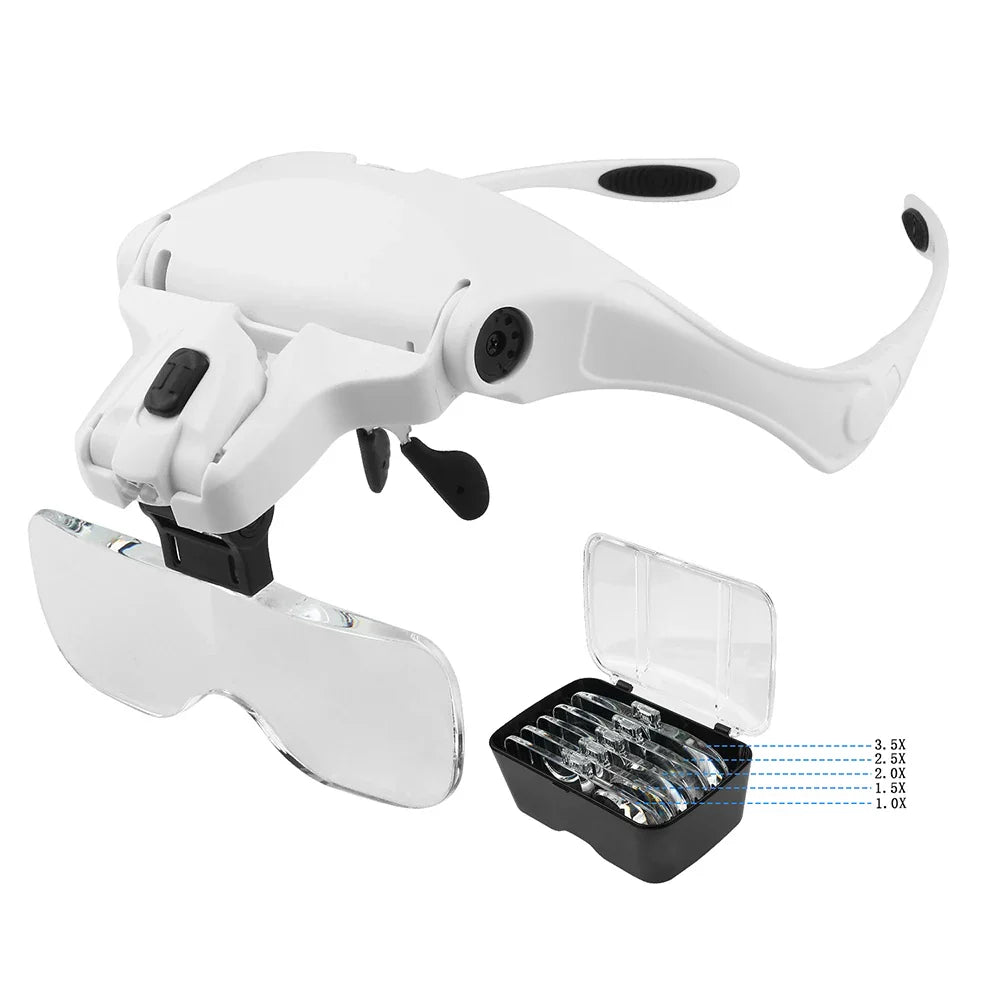 LED Headband Reading Magnifier with 5 Interchangeable Lenses (1.0x–3.5x), 2 LED Lights, Adjustable Headband & Glasses Frame