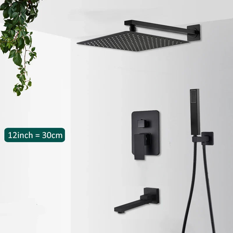 Matte Black Concealed In-Wall Rainfall Shower System with Tub Spout - Wall-Mount Mixer Faucet Set