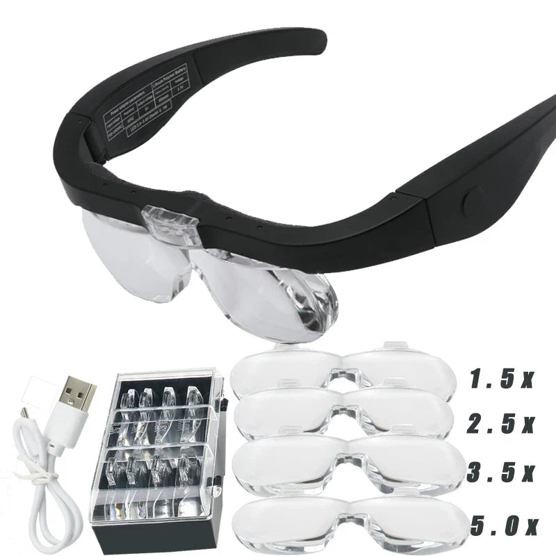 Headband Magnifying Glasses 1.5x–5x USB Rechargeable LED with 4 Interchangeable Lenses for Reading, Jewelry & Watch Repair
