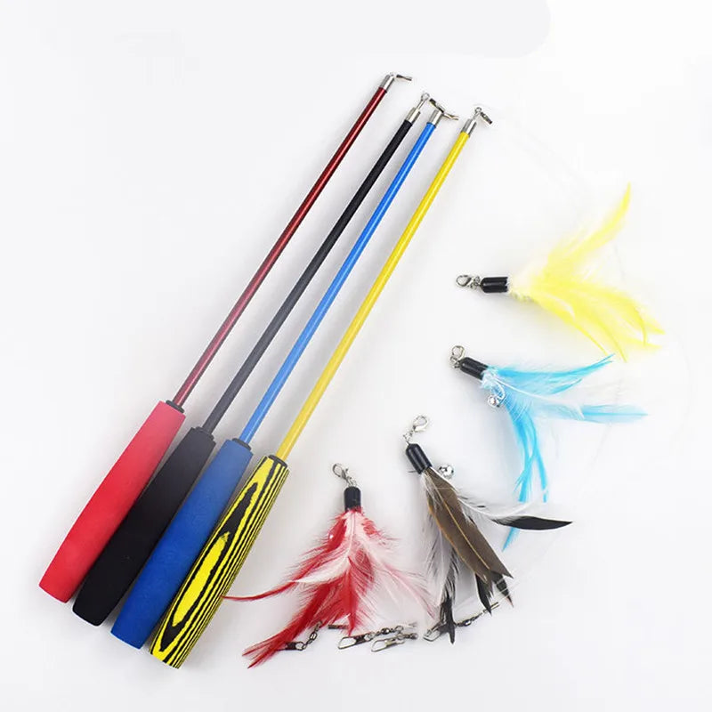 Interactive Cat Feather Teaser Wand - Retractable 15-38 in (37-100 cm) with 5 Refill Heads & Bell