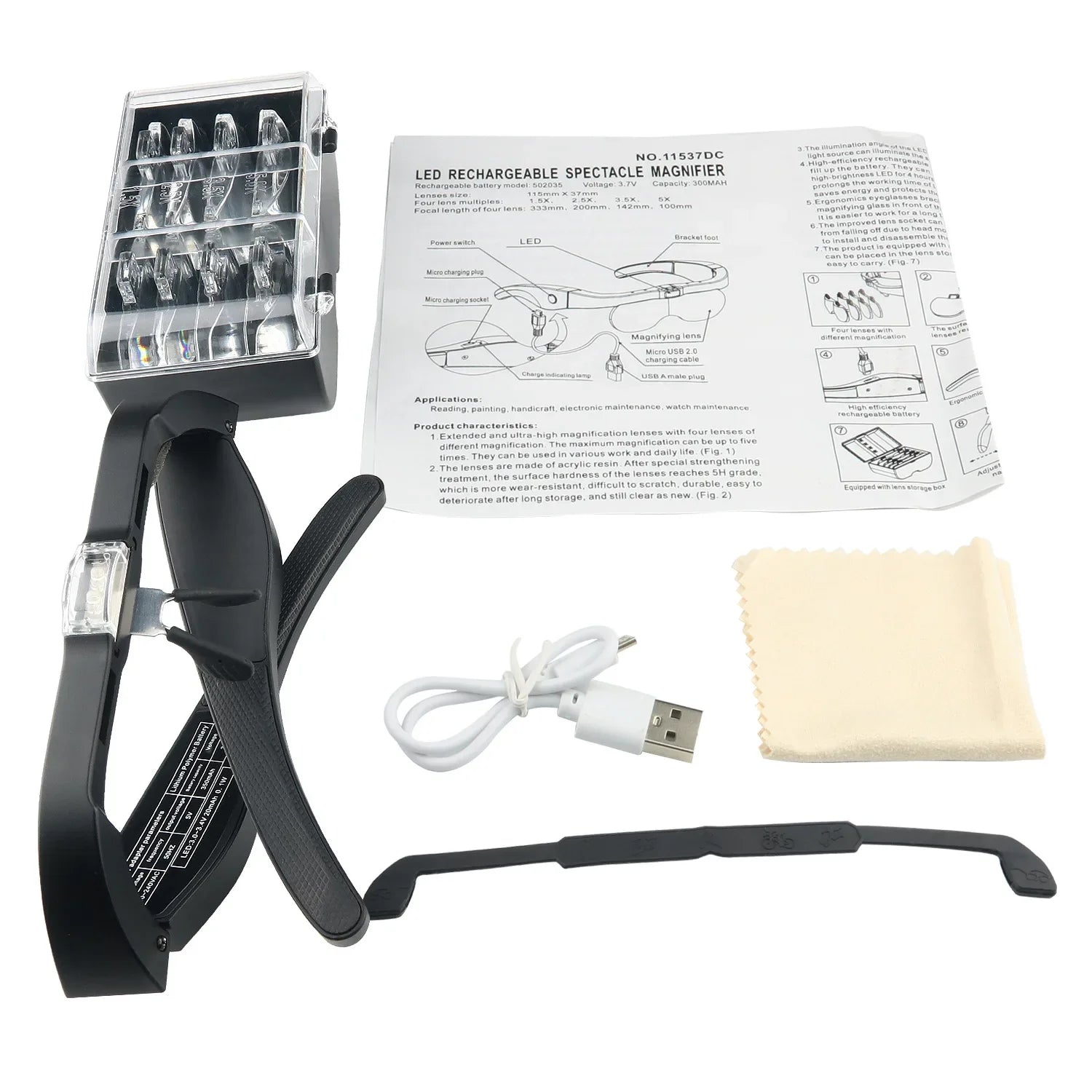 Headband Magnifying Glasses 1.5x–5x USB Rechargeable LED with 4 Interchangeable Lenses for Reading, Jewelry & Watch Repair