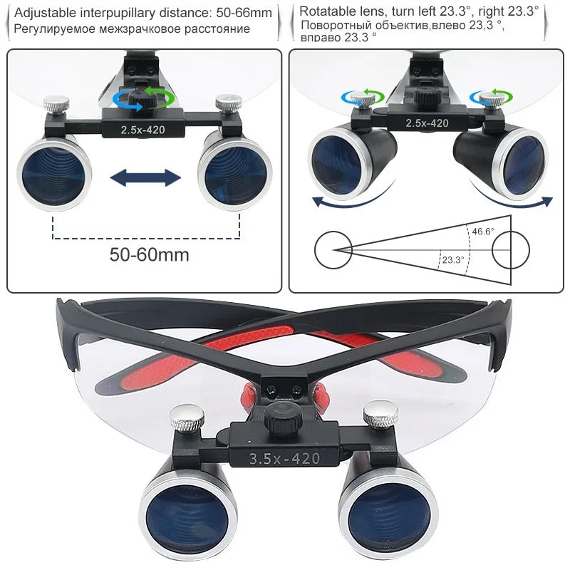 Dental Binocular Loupes 2.5X/3.5X Ultra-Lightweight Optical Magnifying Glasses - 320-420 mm (12.6-16.5 in) Working Distance