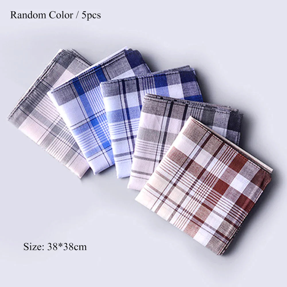 5-Pack Cotton Pocket Handkerchiefs – 38 x 38 cm (15 x 15 in) Plaid Stripe Pocket Squares, Random Colors