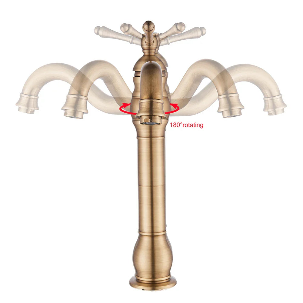 Antique Brass Vessel Sink Faucet Deck-Mounted Single-Hole Bathroom Basin Mixer Tap, Single Handle, Hot & Cold