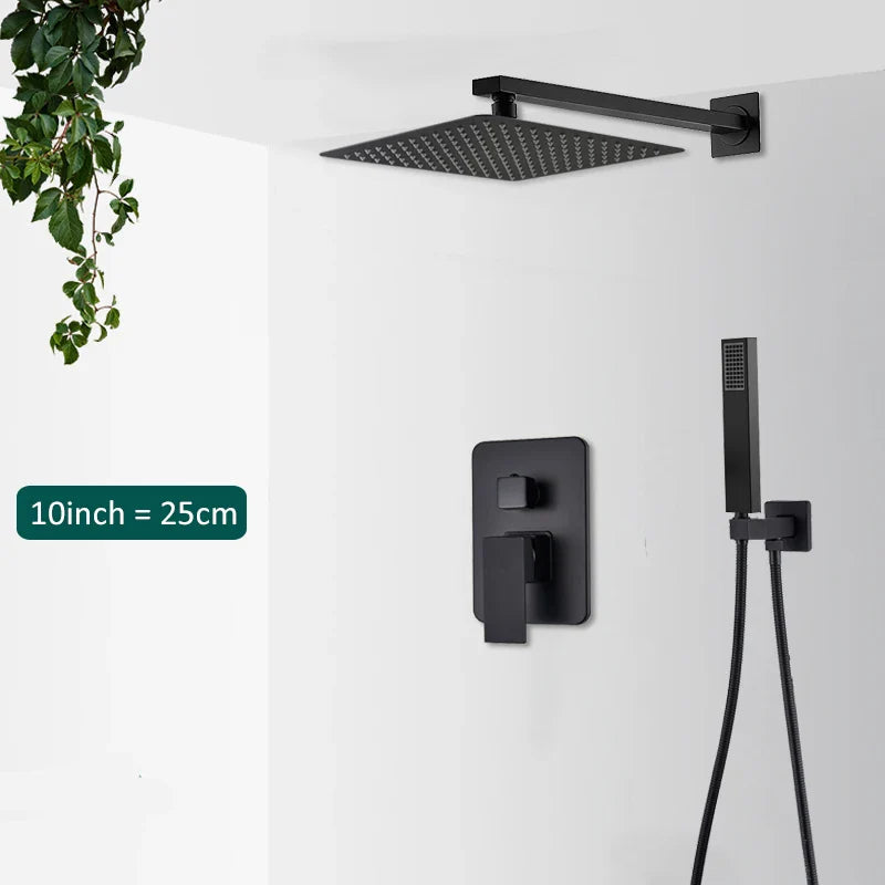 Matte Black Concealed In-Wall Rainfall Shower System with Tub Spout - Wall-Mount Mixer Faucet Set