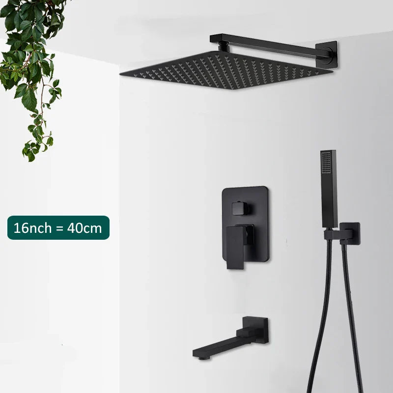 Matte Black Concealed In-Wall Rainfall Shower System with Tub Spout - Wall-Mount Mixer Faucet Set