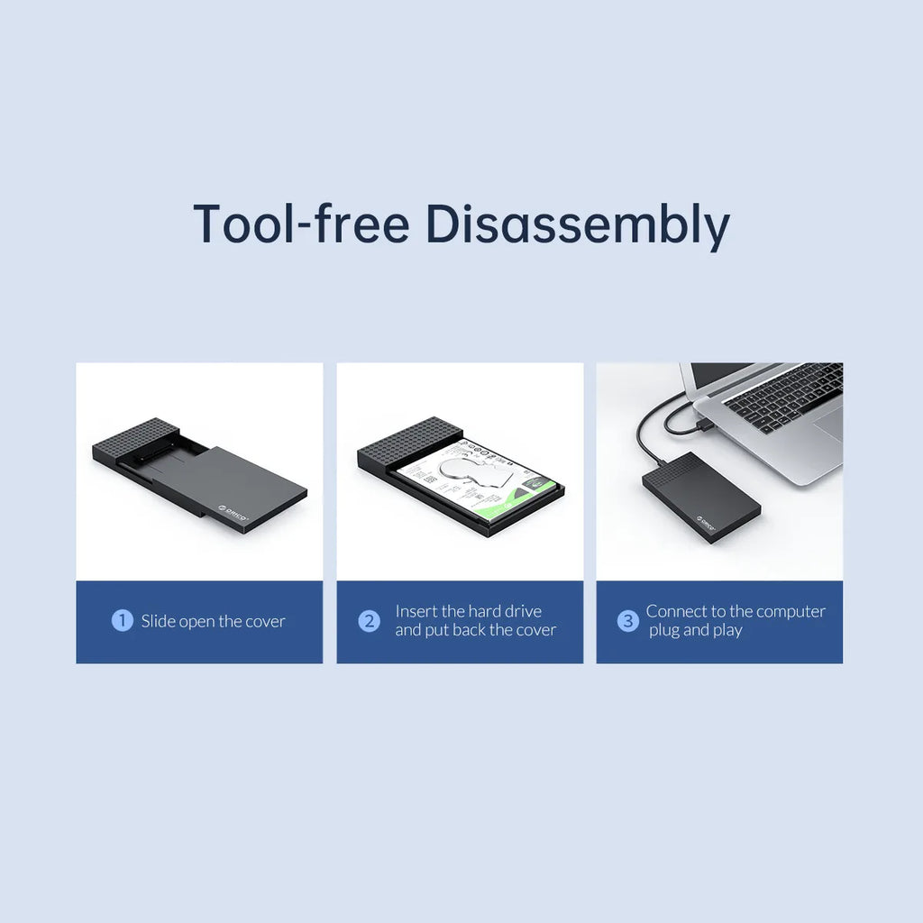 USB-C 2.5-inch (63.5 mm) SATA to USB 3.1 HDD/SSD Enclosure UASP 6Gbps - Tool-Free External Hard Drive Case