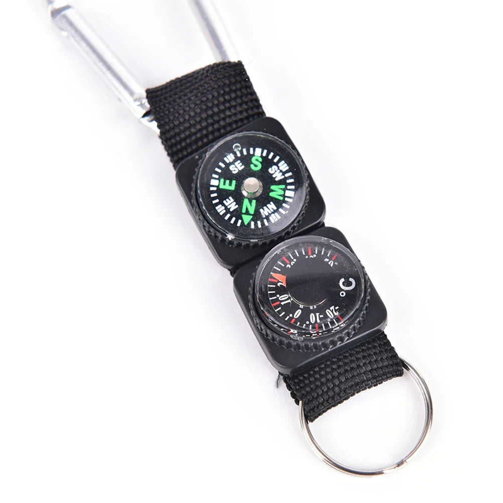 3-in-1 Mini Carabiner Keychain with Compass & Thermometer for Camping, Climbing & Hiking, Black