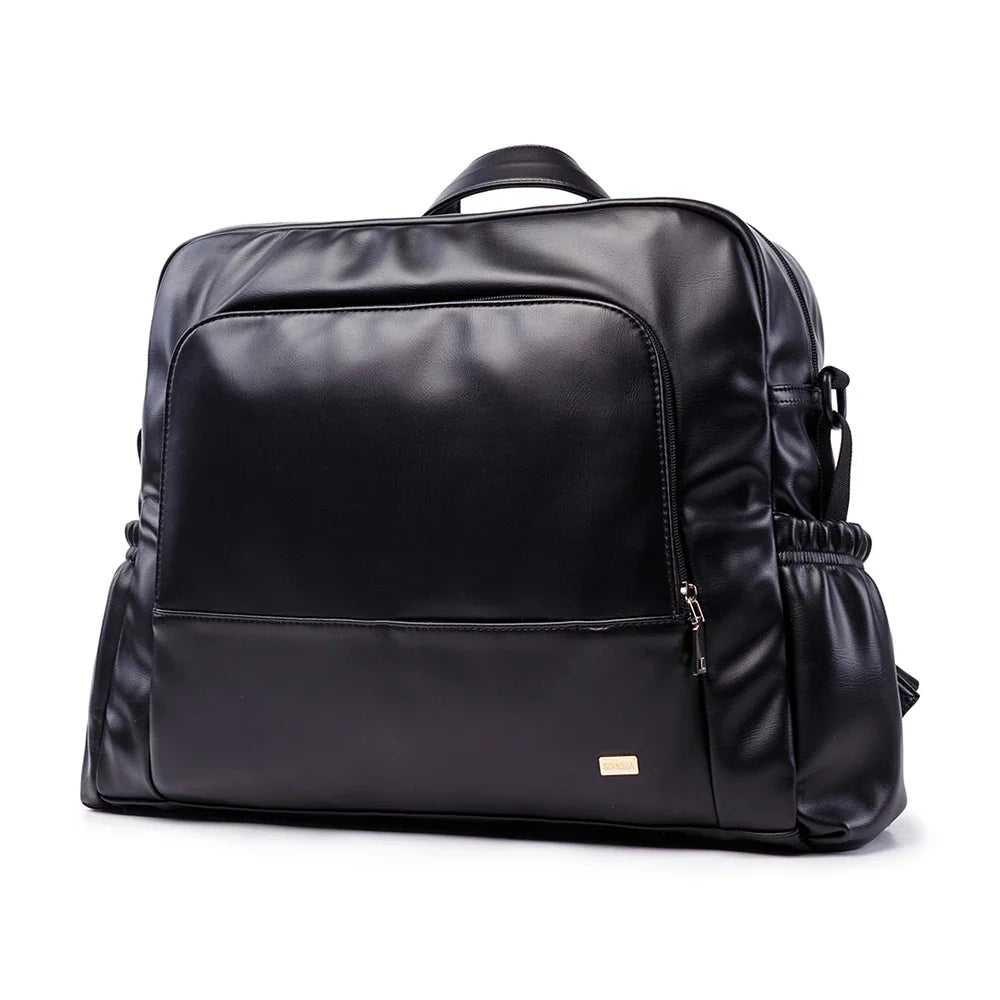 Waterproof Black Leather Diaper Bag Backpack – 24L Large Capacity Nursing Changing Bag with Zipper & Stroller Straps