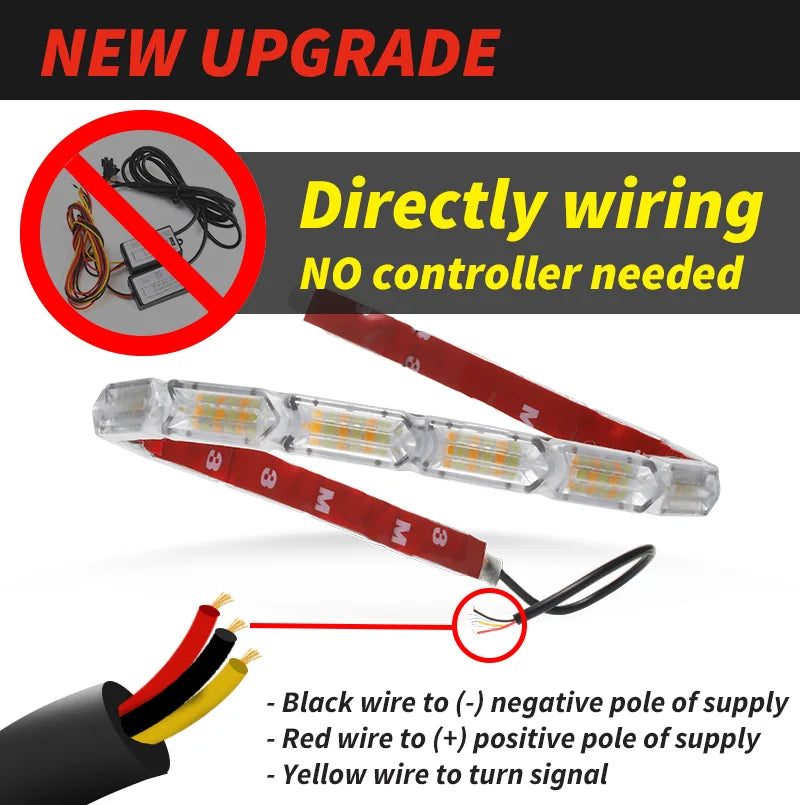 1-Pair Flowing Sequential Flexible LED DRL Strip Lights for Car — Daytime Running Light & Turn Signal, Waterproof, 12V, 9.8–19.7 in (25–50 cm)