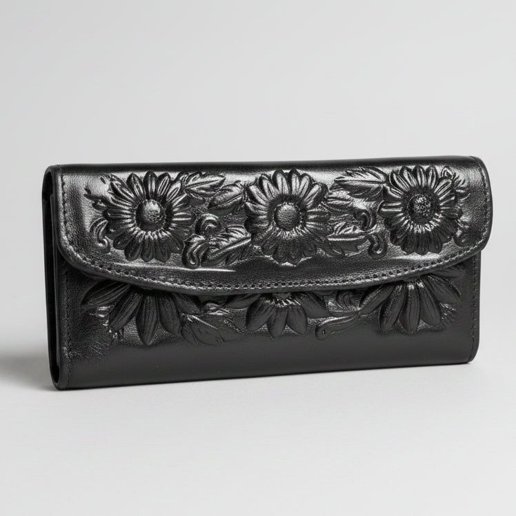 Leather Western Clutch - Black Flower