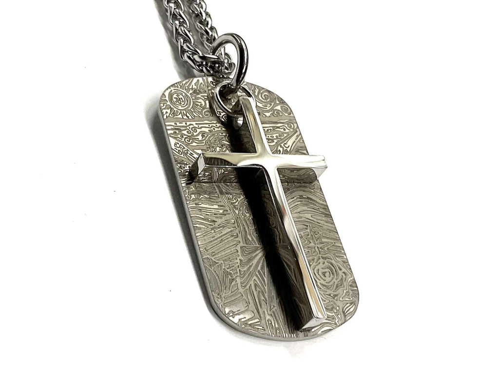 Engraved jesus image dog tag necklace with overlaying cross waterproof medallion with heavy keel chain for men