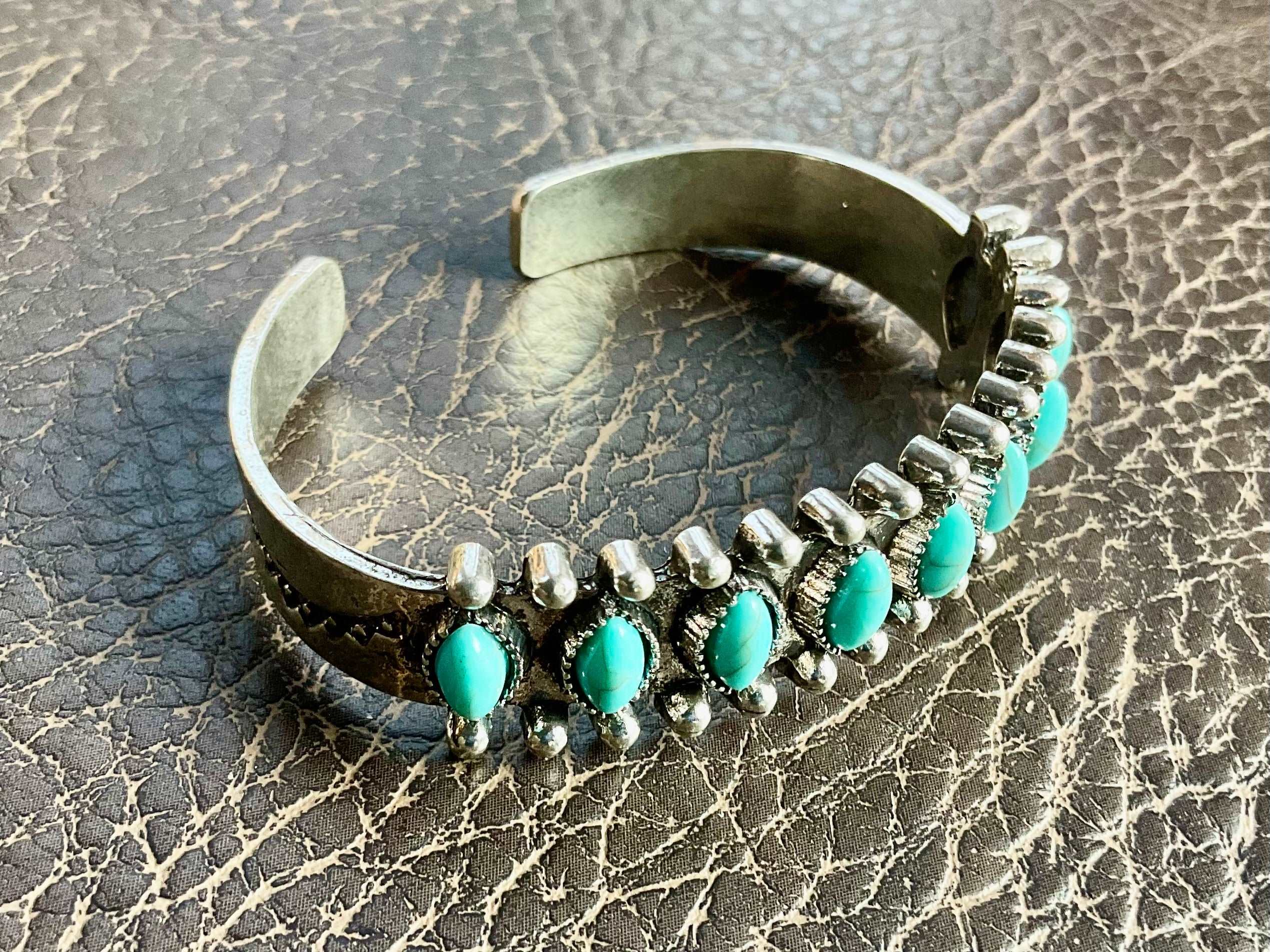 Light weight silver multi row turquoise stone bracelet with bohemian trim large bangle cuff jewelry