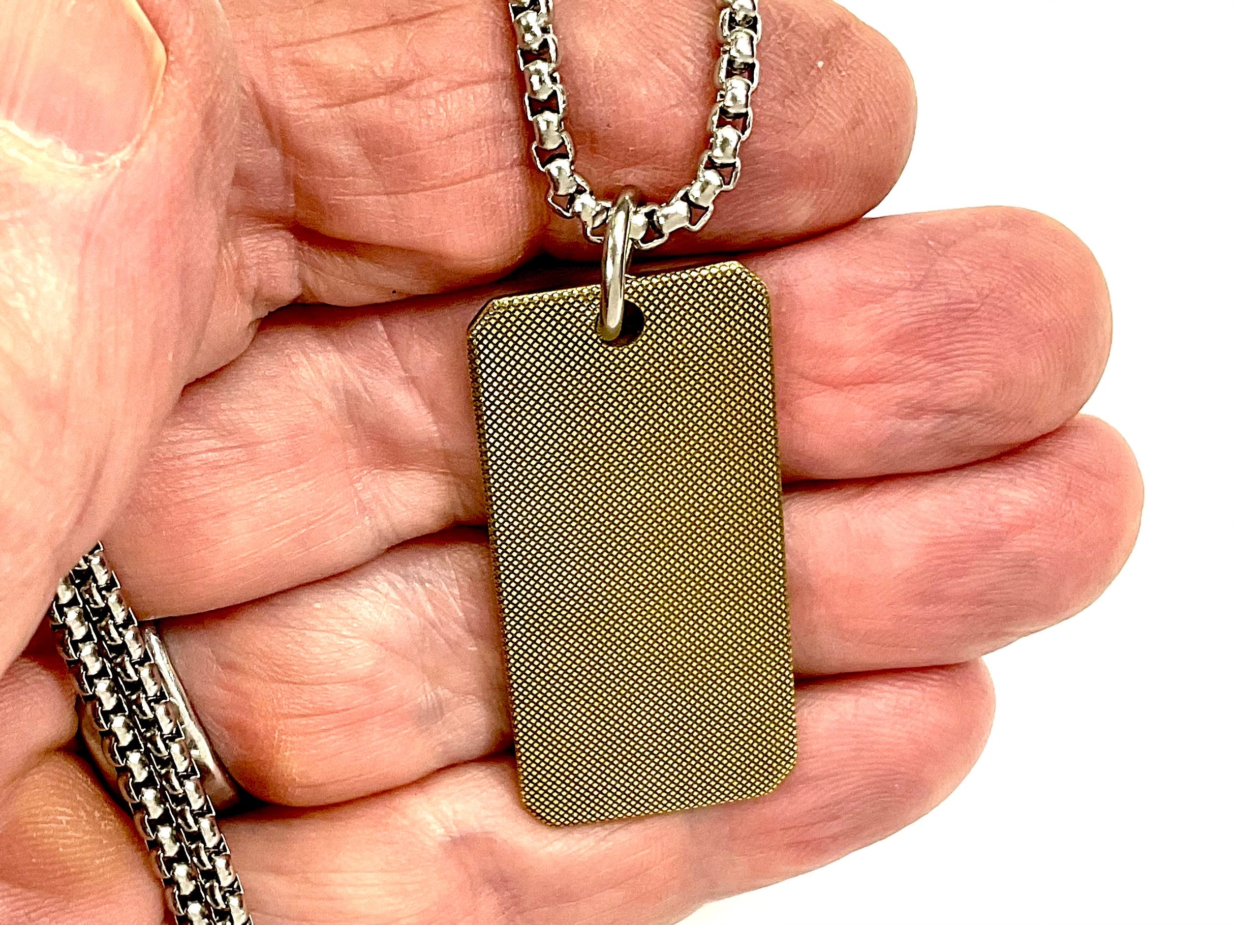 Solid brass BELIEVE dog tag cross necklace pendant detail engraved cross hatch biker heavy box chain jewelry