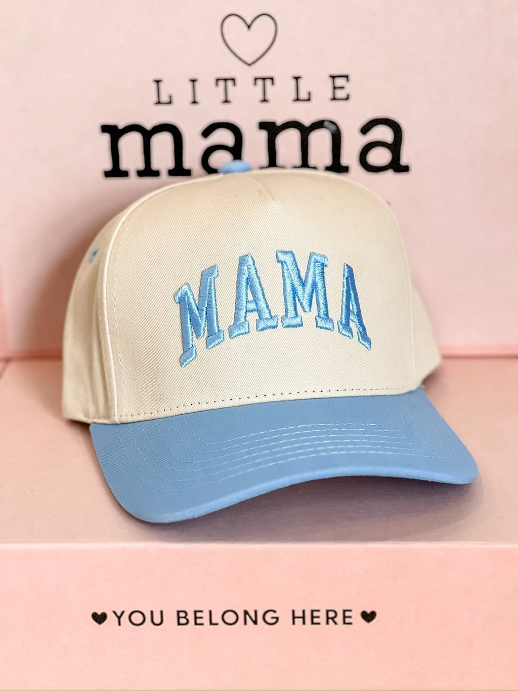 Embroidered Mama Hat | Natural Adjustable Cap with Pink or Blue Bill