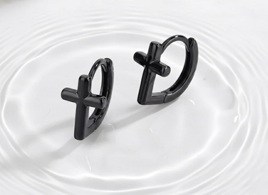 Black Sterling Silver Cross Hoop Cuff 925 Earrings Small Hinged Design Classic Mens Gothic Alluringly Punk Cross for Girls Jewelry for Women