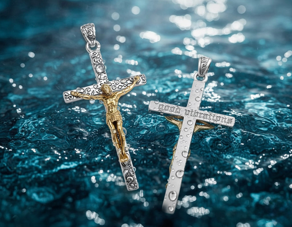 Large Solid Sterling Silver Cross Gold Crucifix music aficionados Good Vibrations for Men Old World Silver S925 Necklace catholic