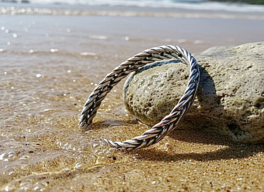 Heavy Solid Sterling Bracelet for Men and Women Braided Weave Bangle Waterproof Hypoallergenic Cuff